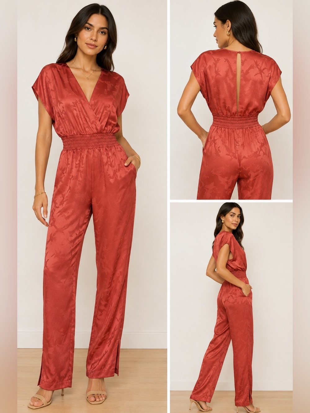Maje Pera Satin Jacquard Jumpsuit Terracotta Size 36 S NWT